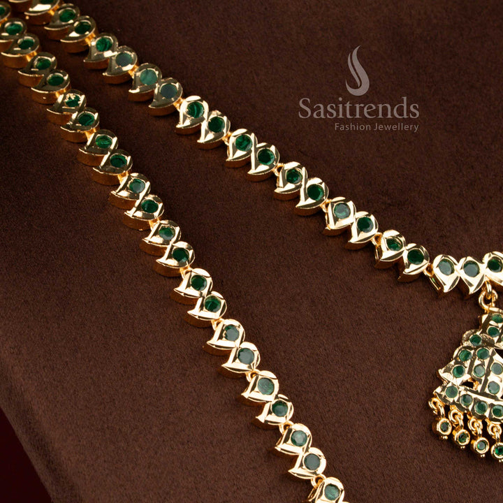 Sasitrends green Impon Micro Gold Plated Short Long Necklace Set featuring classic attigai mango pattern inspired temple jewellery design with double layered structure, elegant real gold look finish using 24k tone, premium bridal and wedding collection piece