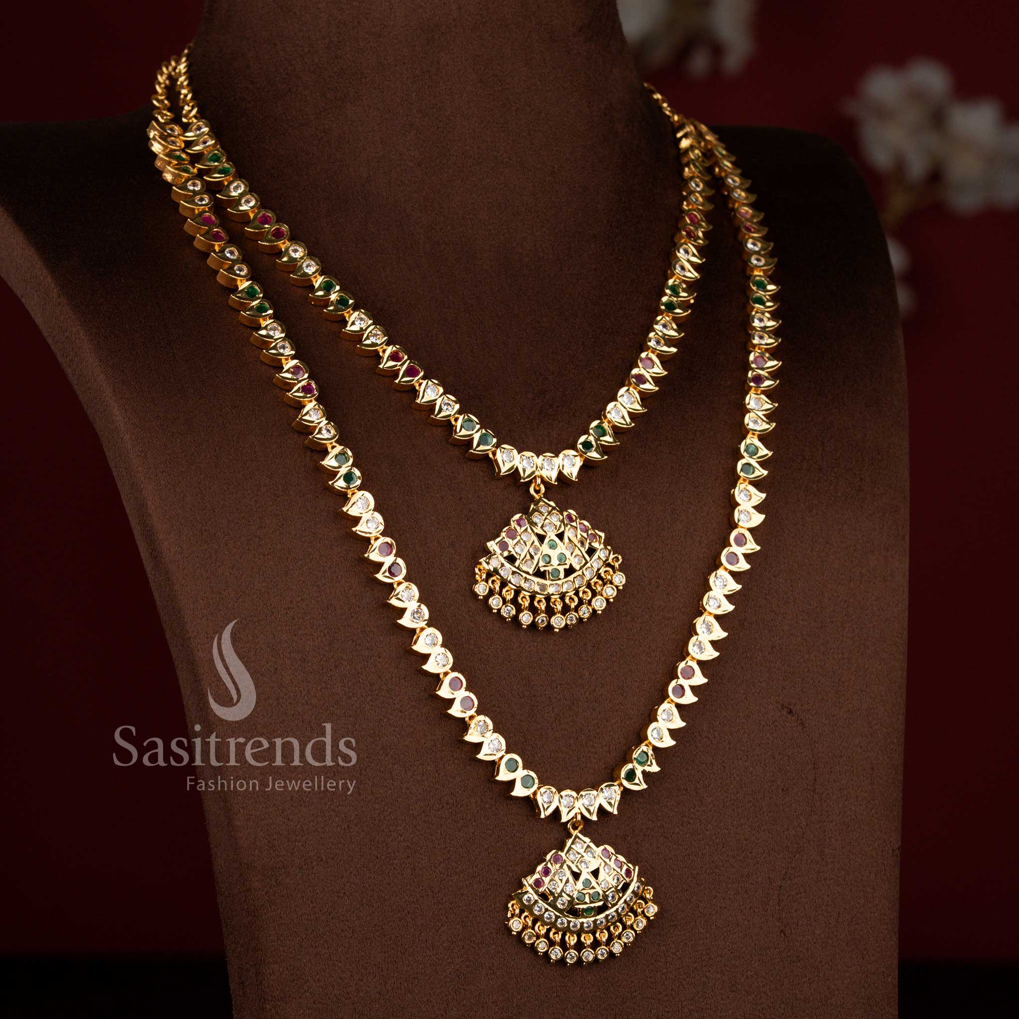 Sasitrends multi Impon Micro Gold Plated Short Long Necklace Set crafted in traditional attigai mango pattern with detailed temple style finishing, premium 1 gram gold jewellery look alike real gold, perfect for brides, engagement, reception and festive functions
