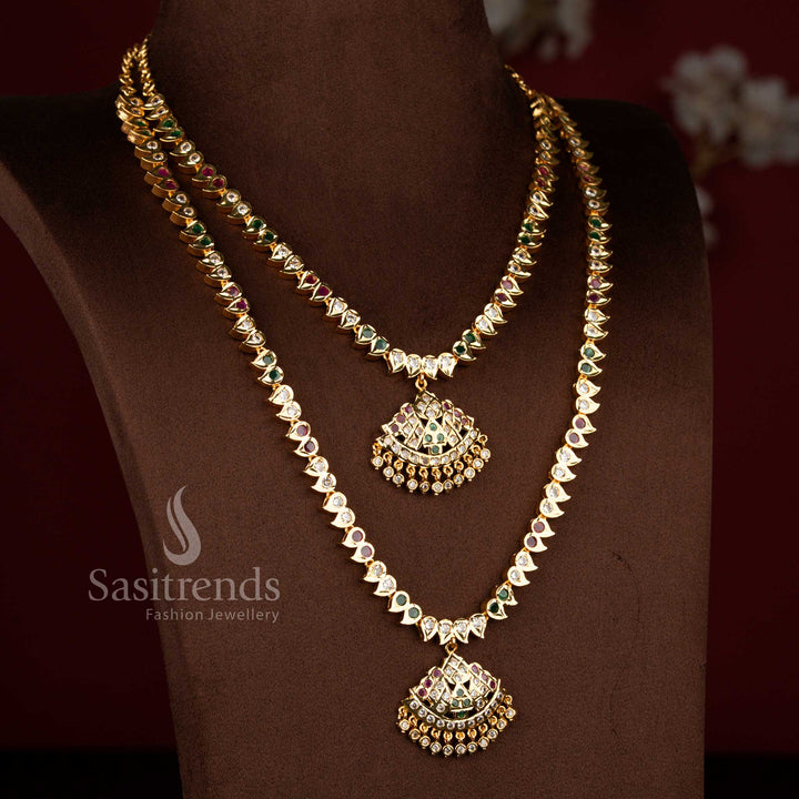 Sasitrends multi Impon Micro Gold Plated Short Long Necklace Set crafted in traditional attigai mango pattern with detailed temple style finishing, premium 1 gram gold jewellery look alike real gold, perfect for brides, engagement, reception and festive functions