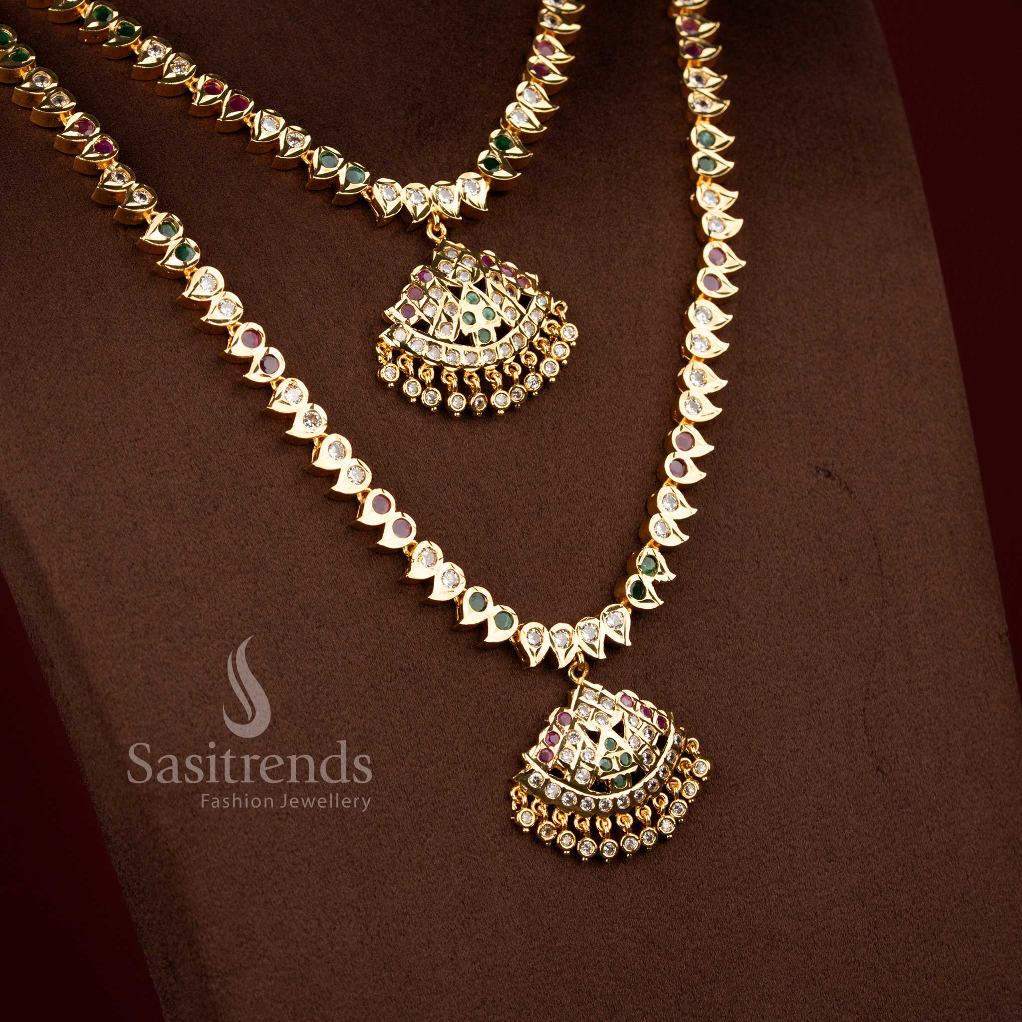 Sasitrends multi Impon Micro Gold Plated Short Long Necklace Set designed in elegant double layer structure combining short attigai and long mango chain, 24k gold tone premium temple jewellery style suitable for bridal wear and traditional ceremonies
