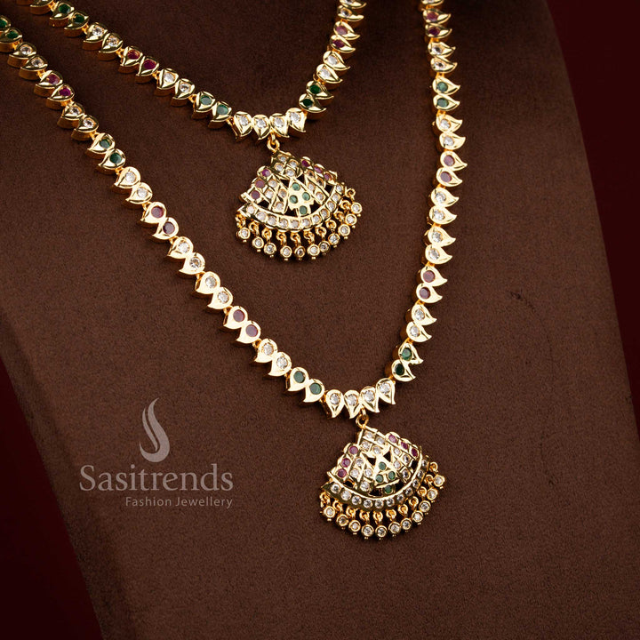 Sasitrends multi Impon Micro Gold Plated Short Long Necklace Set designed in elegant double layer structure combining short attigai and long mango chain, 24k gold tone premium temple jewellery style suitable for bridal wear and traditional ceremonies