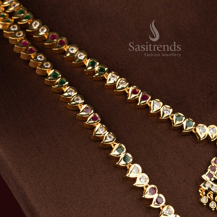 Sasitrends multi Impon Micro Gold Plated Short Long Necklace Set inspired by South Indian temple jewellery with intricate mango motifs and rich antique finish, premium 1 gram gold plated jewellery guaranteed shine, perfect for wedding and festive styling