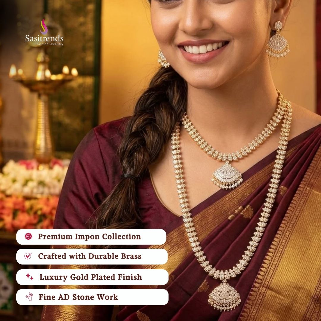 Traditional wear impon micro gold plated AD stone necklace set - Sasitrends           