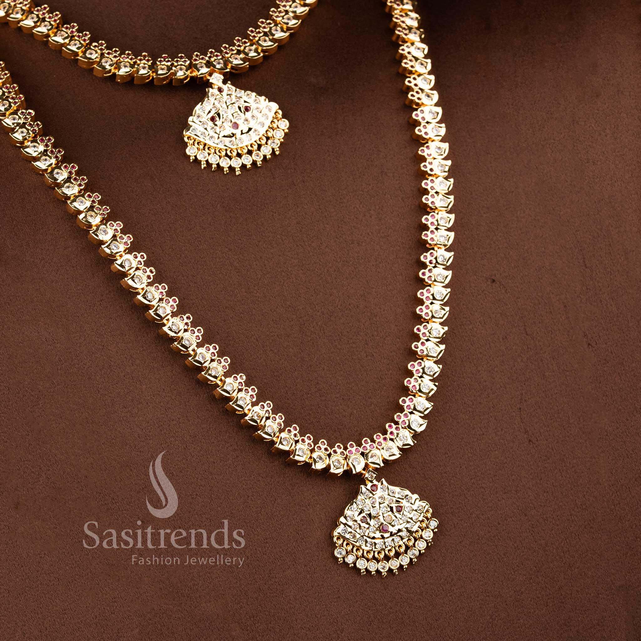 Traditional micro gold plated mango pattern long and short necklace jewellery set for festive wear - Sasitrends.