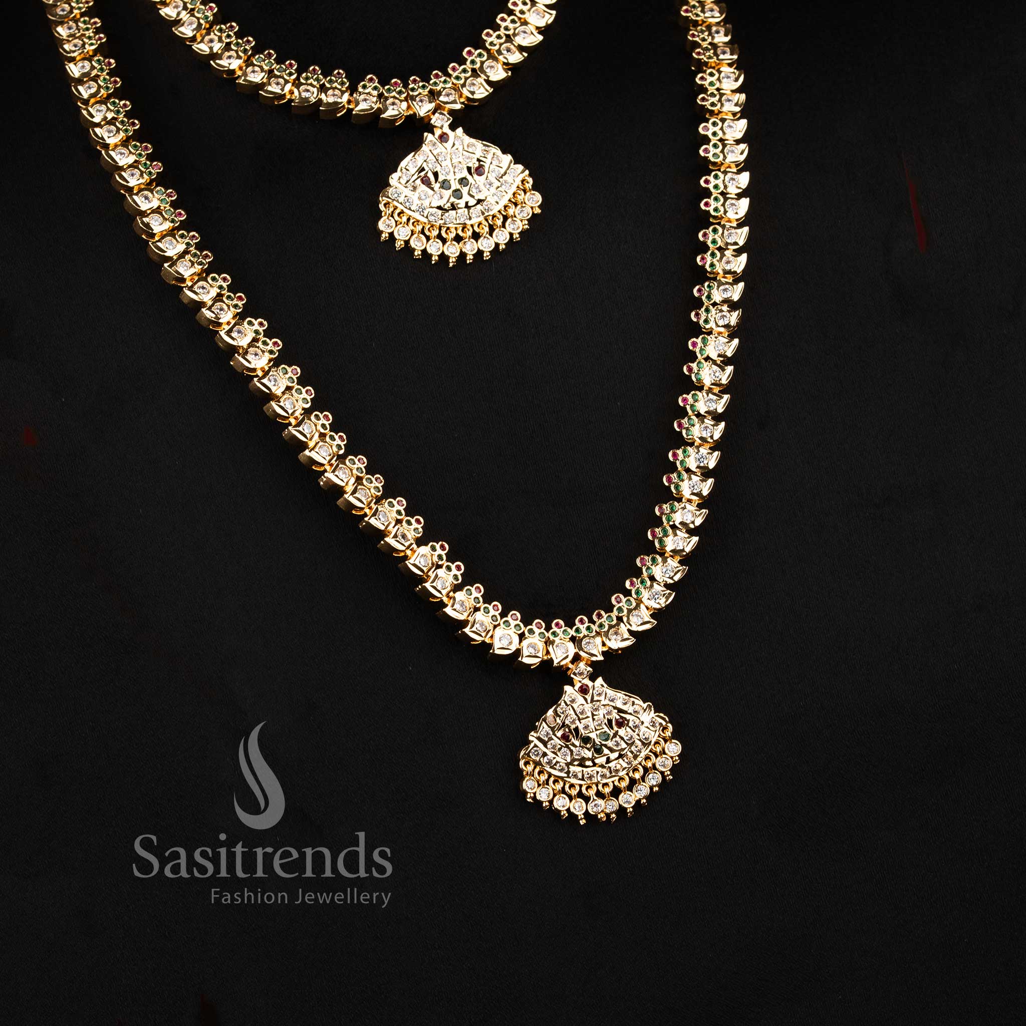 Traditional Mango Pattern Attigai Impon micro gold plated AD stone short and long combo necklace set with elegant South Indian detailing - Sasitrends.