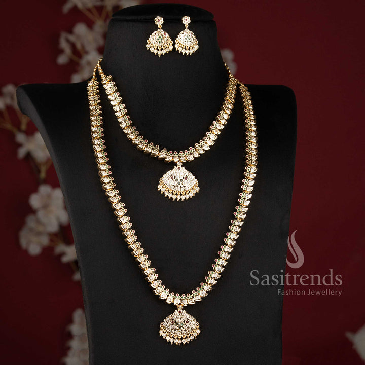 Traditional Mango Pattern Attigai Impon micro gold plated AD stone short and long combo necklace set with elegant South Indian detailing - Sasitrends.