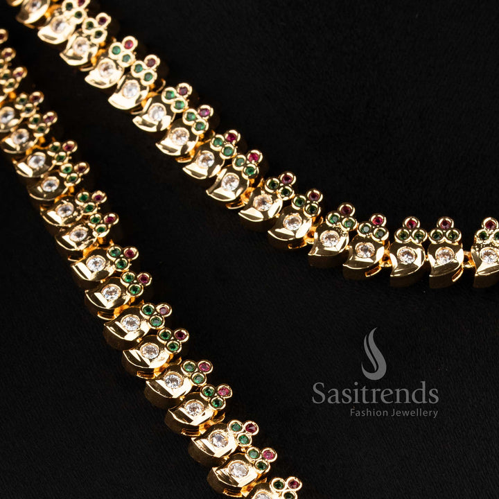 Traditional Mango Pattern Attigai Impon micro gold plated AD stone short and long combo necklace set with elegant South Indian detailing - Sasitrends.