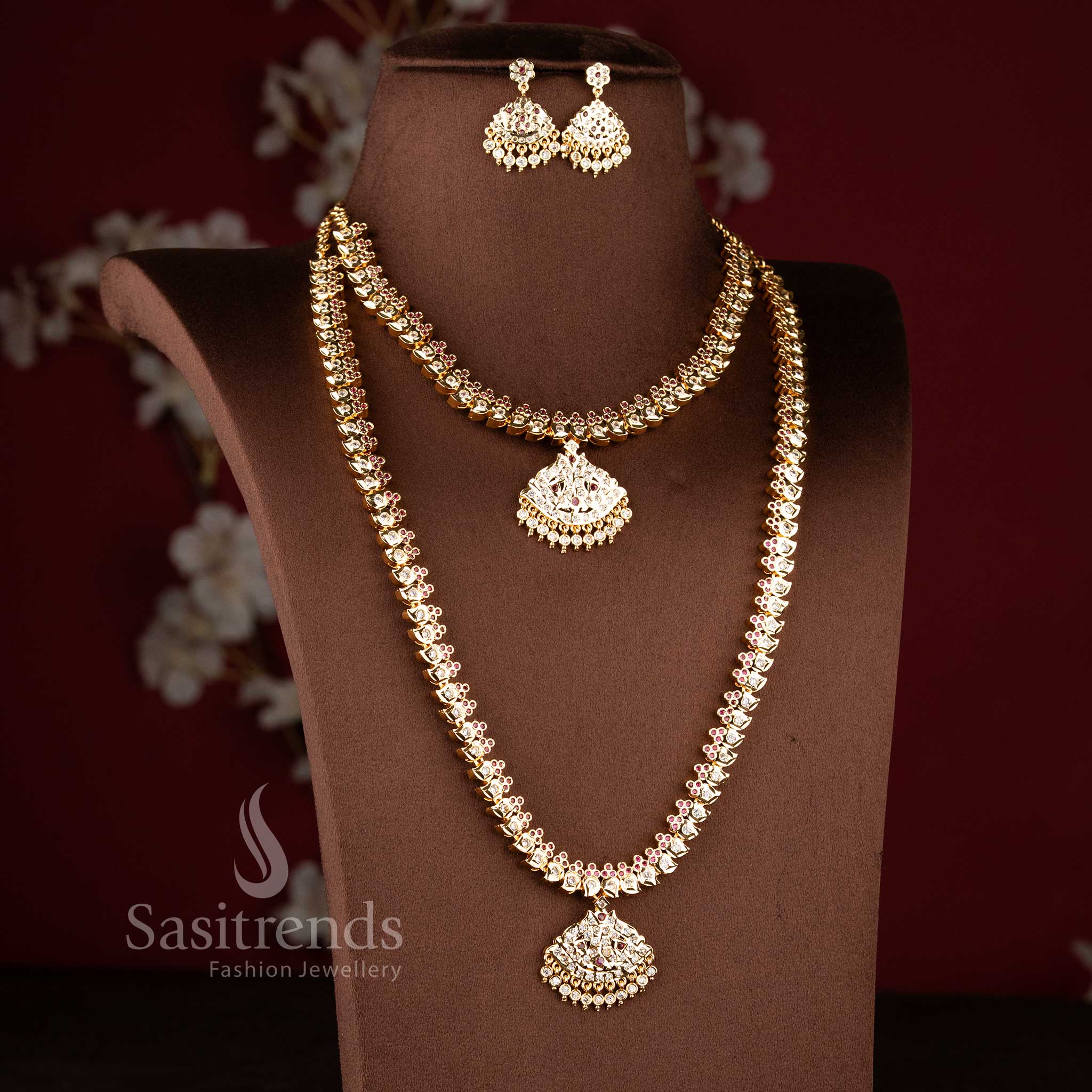 Traditional micro gold plated mango pattern long and short necklace jewellery set for festive wear - Sasitrends.