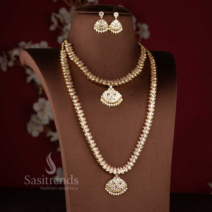 Traditional micro gold plated mango pattern long and short necklace jewellery set for festive wear - Sasitrends.