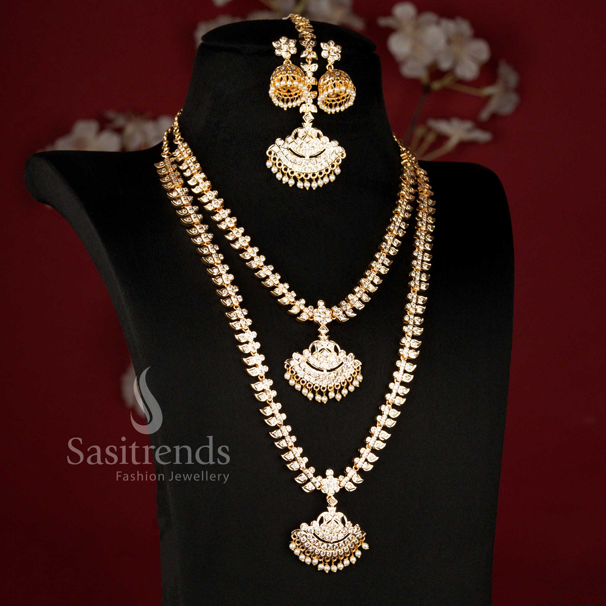 Guaranteed Impon Micro Gold Plated Rajamanga Bridal Addigai Short and Long Necklace Jewellery Set with Matching Jhumka Earrings and Tikka for Wedding Wear