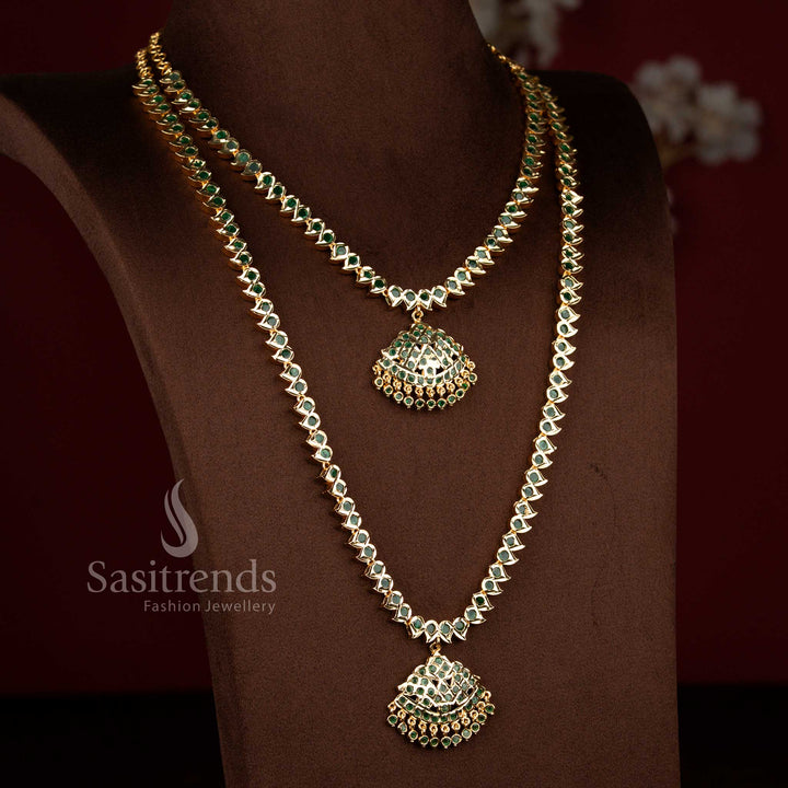 Sasitrends green impon micro gold plated short long necklace set featuring detailed mango motifs arranged in temple jewellery structure, 1 gram guaranteed premium finish, bridal necklace set with real gold like shine
