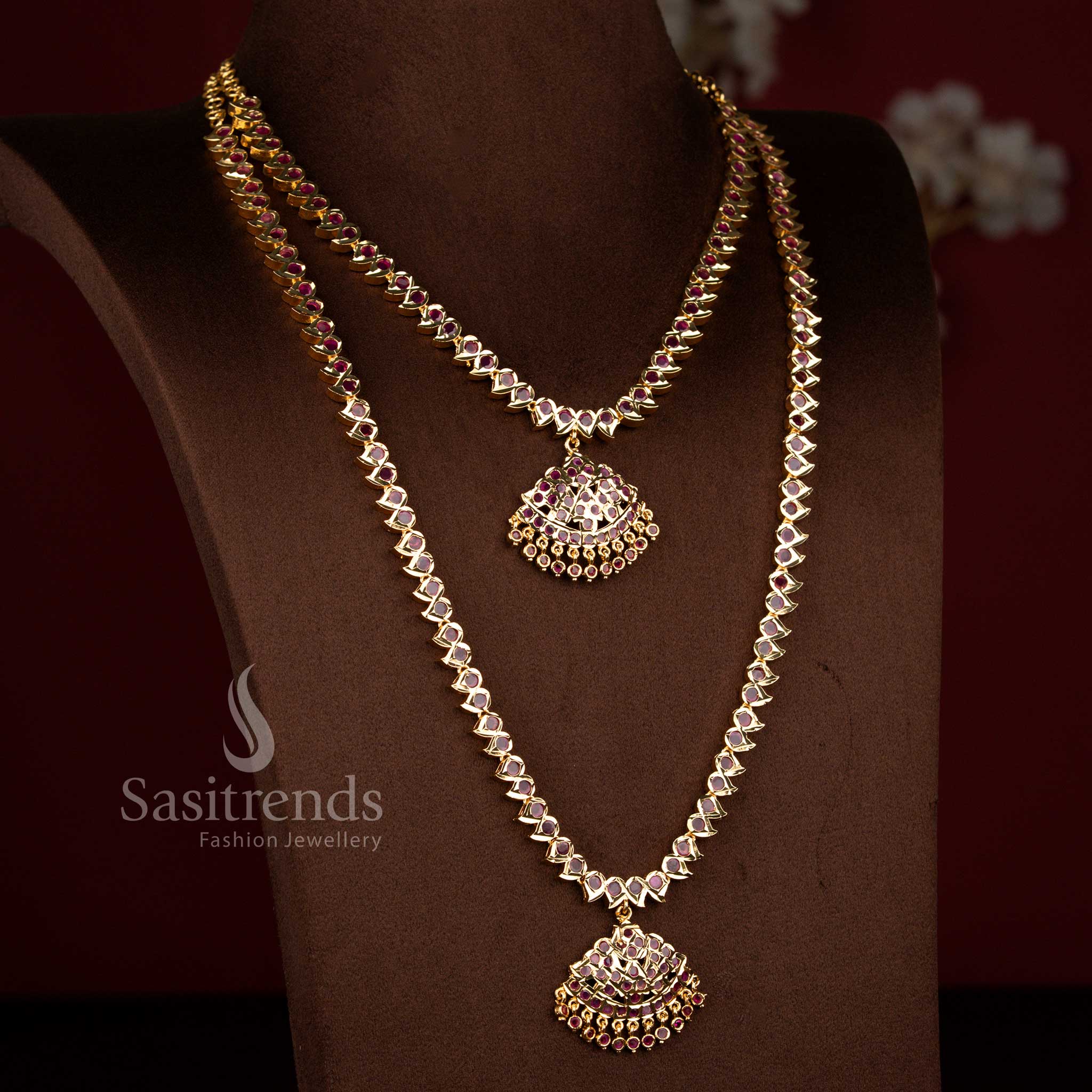 Premium sasitrends ruby impon micro gold plated short long necklace set with grand bridal appearance, detailed mango pattern work and temple style arrangement, 24k pure gold finish look jewellery for weddings