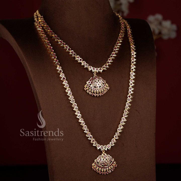 Premium sasitrends ruby impon micro gold plated short long necklace set with grand bridal appearance, detailed mango pattern work and temple style arrangement, 24k pure gold finish look jewellery for weddings