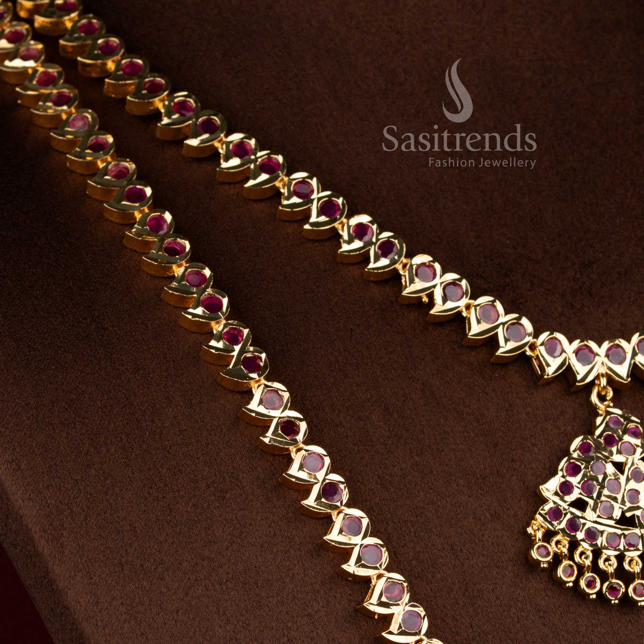 Sasitrends ruby impon micro gold plated short long necklace set featuring dual short and long layered structure with mango motifs, premium temple jewellery design, 24k pure gold polish look suitable for marriage functions