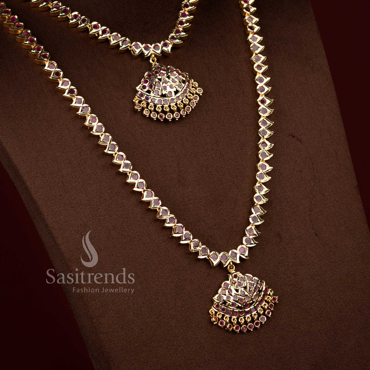 Sasitrends impon ruby micro gold plated short long necklace set crafted with traditional mango pattern structure, rich temple style finishing, 1 gram guaranteed premium jewellery that resembles real gold for bridal wear