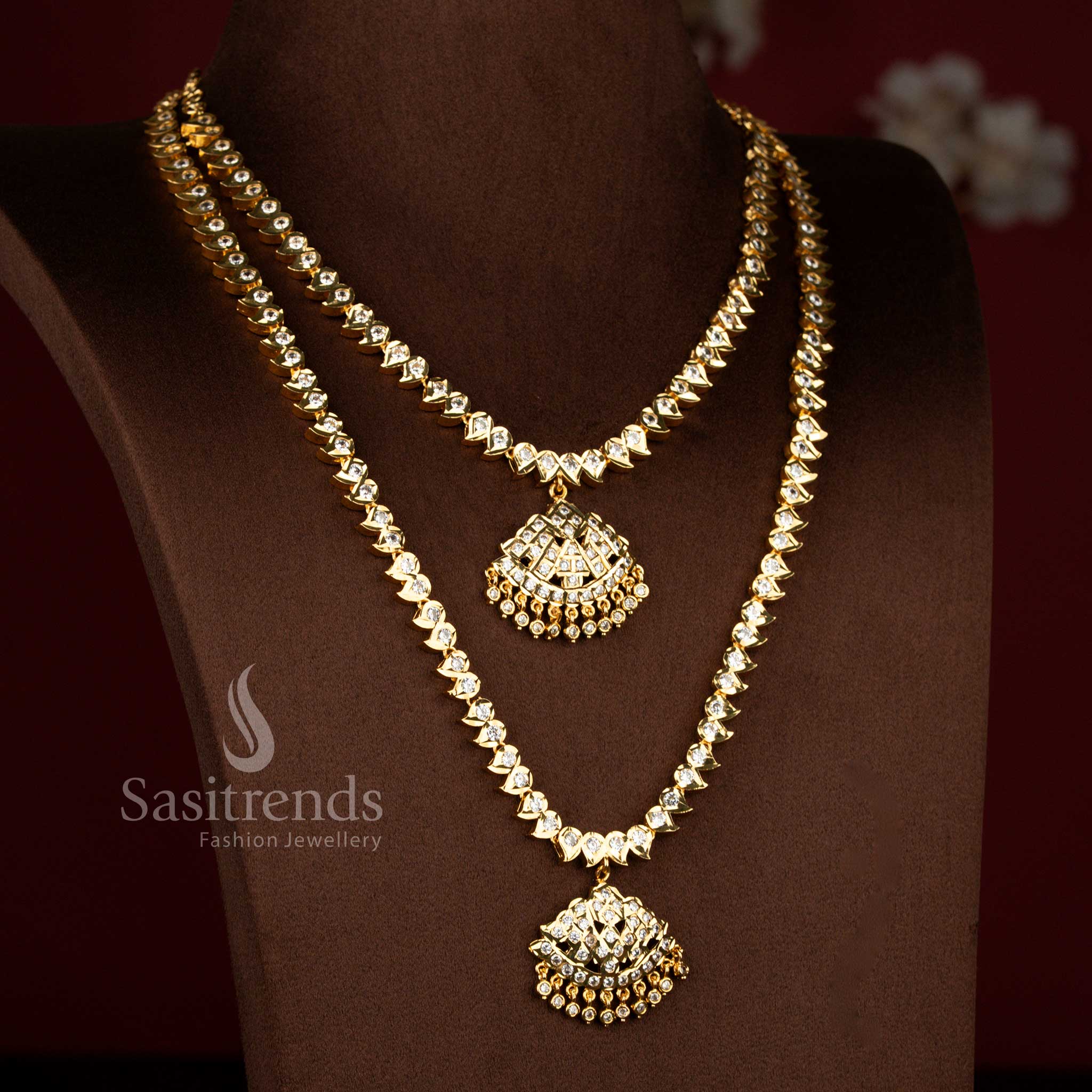 Sasitrends white impon micro gold plated short long necklace set designed in traditional mango and temple pattern, premium 1 gram jewellery with 24k pure gold finish look, rich bridal wear necklace set suitable for wedding and festive occasions.