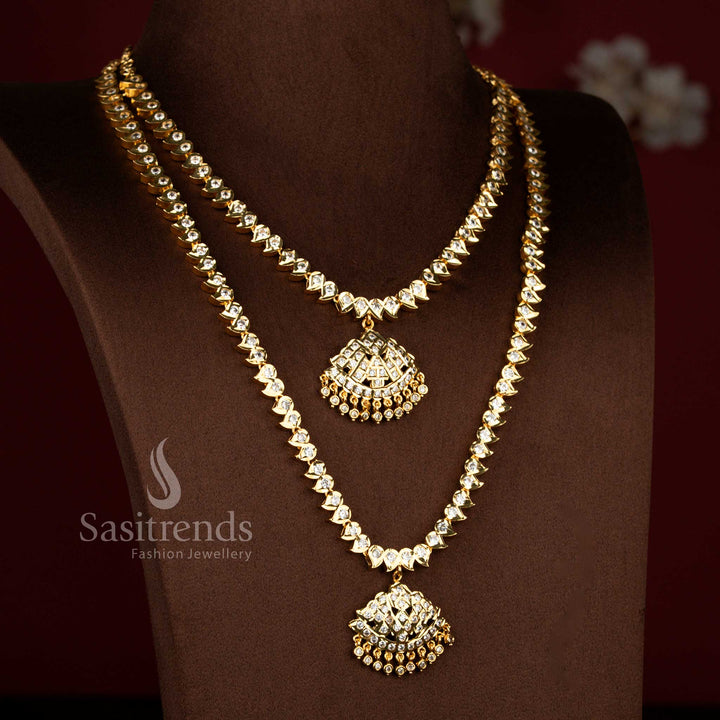 Grand Impon Attigai Micro Gold Plated Short & Long Combo Necklace Set with Traditional Mango Pattern Chain and AD Stone Studded Fan Shaped Pendants