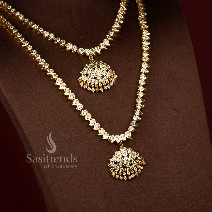 Sasitrends white impon micro gold plated short long necklace set featuring detailed mango motifs and temple inspired structure, crafted with premium finish that looks like real gold, perfect for bridal and wedding collection