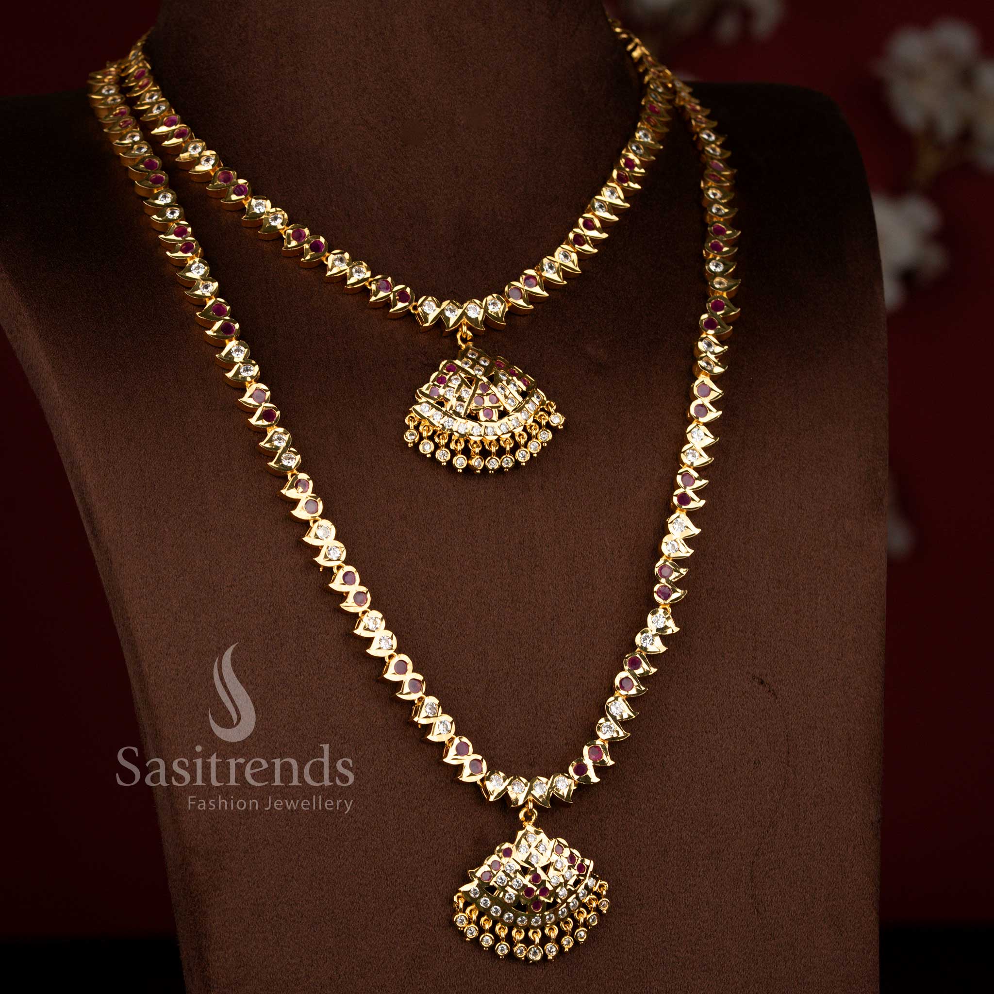 Sasitrends white ruby impon micro gold plated short long necklace set designed in elegant temple and mango motif combination, high quality 1 gram gold finish jewellery that gives real gold appearance for bridal occasions.