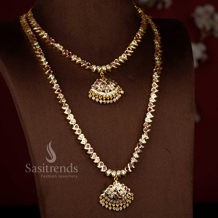 Sasitrends white ruby impon micro gold plated short long necklace set designed in elegant temple and mango motif combination, high quality 1 gram gold finish jewellery that gives real gold appearance for bridal occasions.