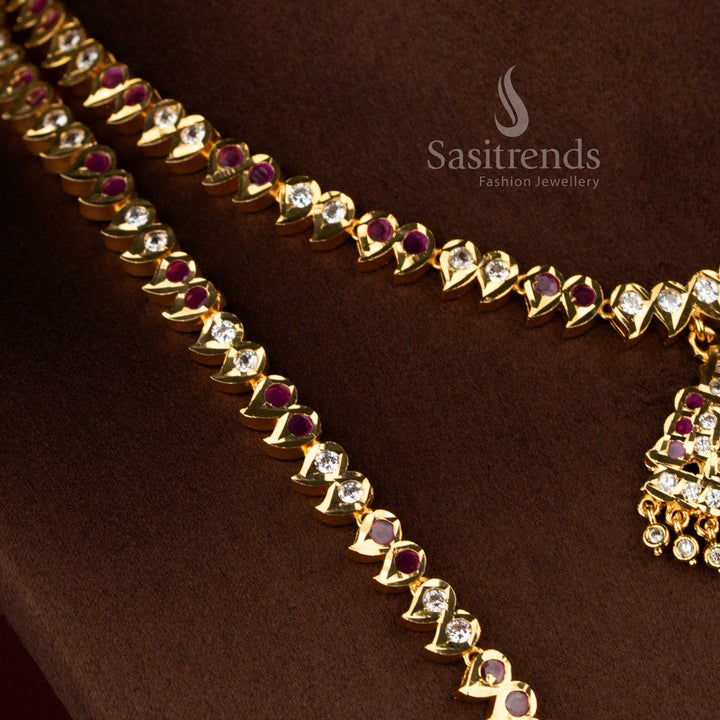 Sasitrends white ruby impon micro gold plated short long necklace set crafted in grand temple inspired mango design, 24k pure gold finish appearance, elegant and premium jewellery ideal for weddings and traditional ceremonies