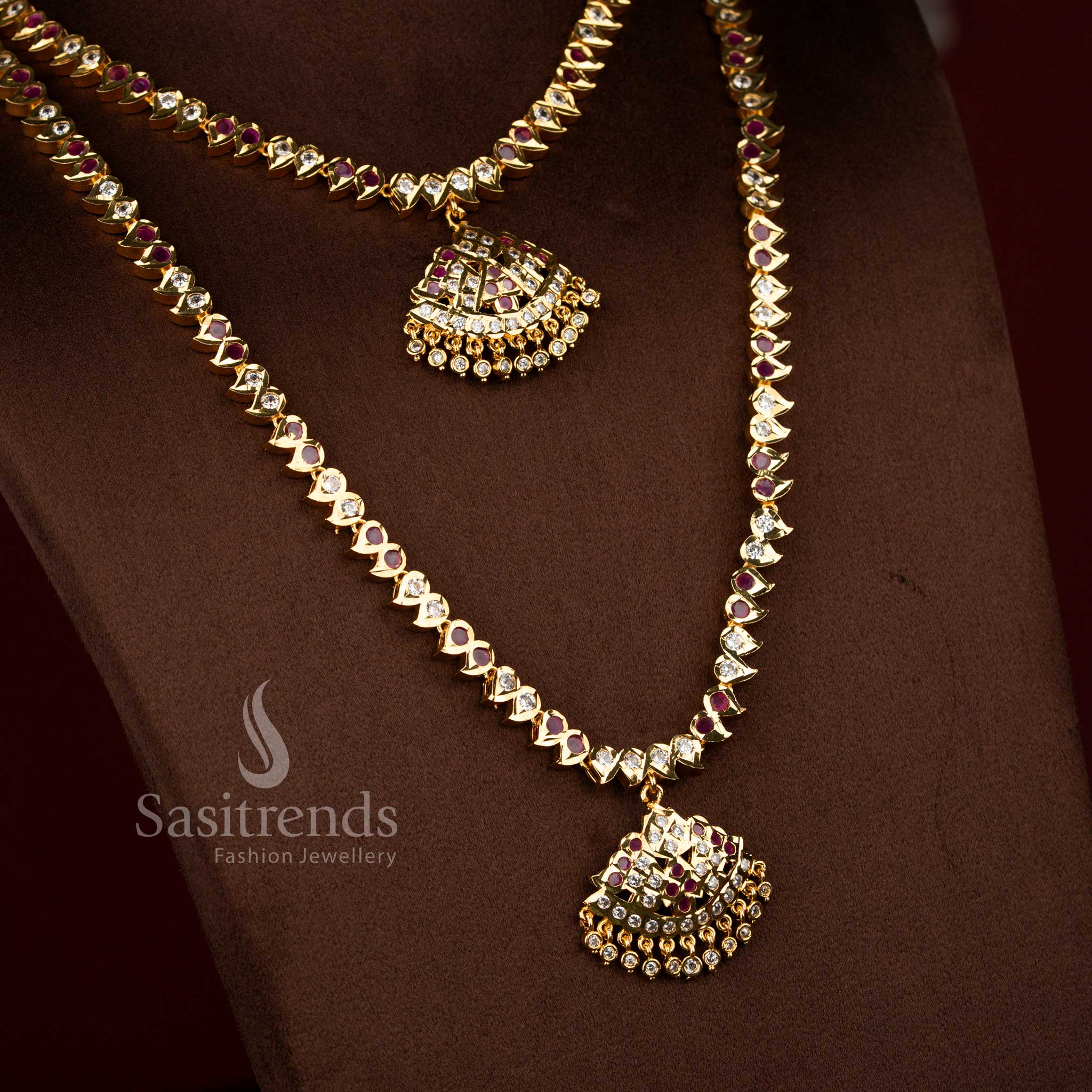 Sasitrends white ruby impon micro gold plated short long necklace set with structured short and long chain combination, classic mango pattern detailing and temple style craftsmanship, premium bridal jewellery with real gold look