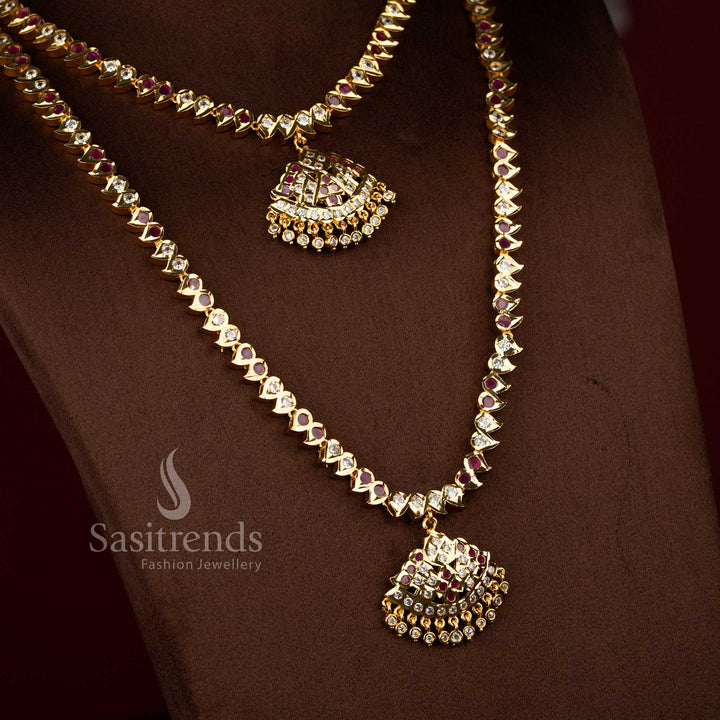 Sasitrends white ruby impon micro gold plated short long necklace set with structured short and long chain combination, classic mango pattern detailing and temple style craftsmanship, premium bridal jewellery with real gold look