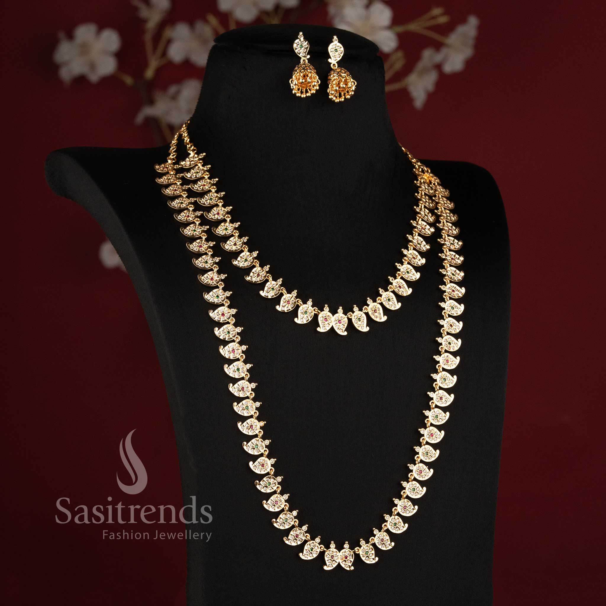 Impon Addigai Micro Gold Plated Short and Long Combo Necklace Jewellery Set with Mango Motif Links in Ruby - Sasitrends