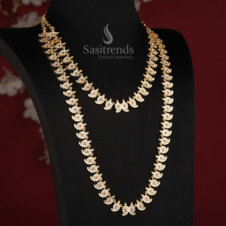 Impon Addigai Micro Gold Plated Short and Long Combo Necklace Jewellery Set with Mango Motif Links in Ruby - Sasitrends