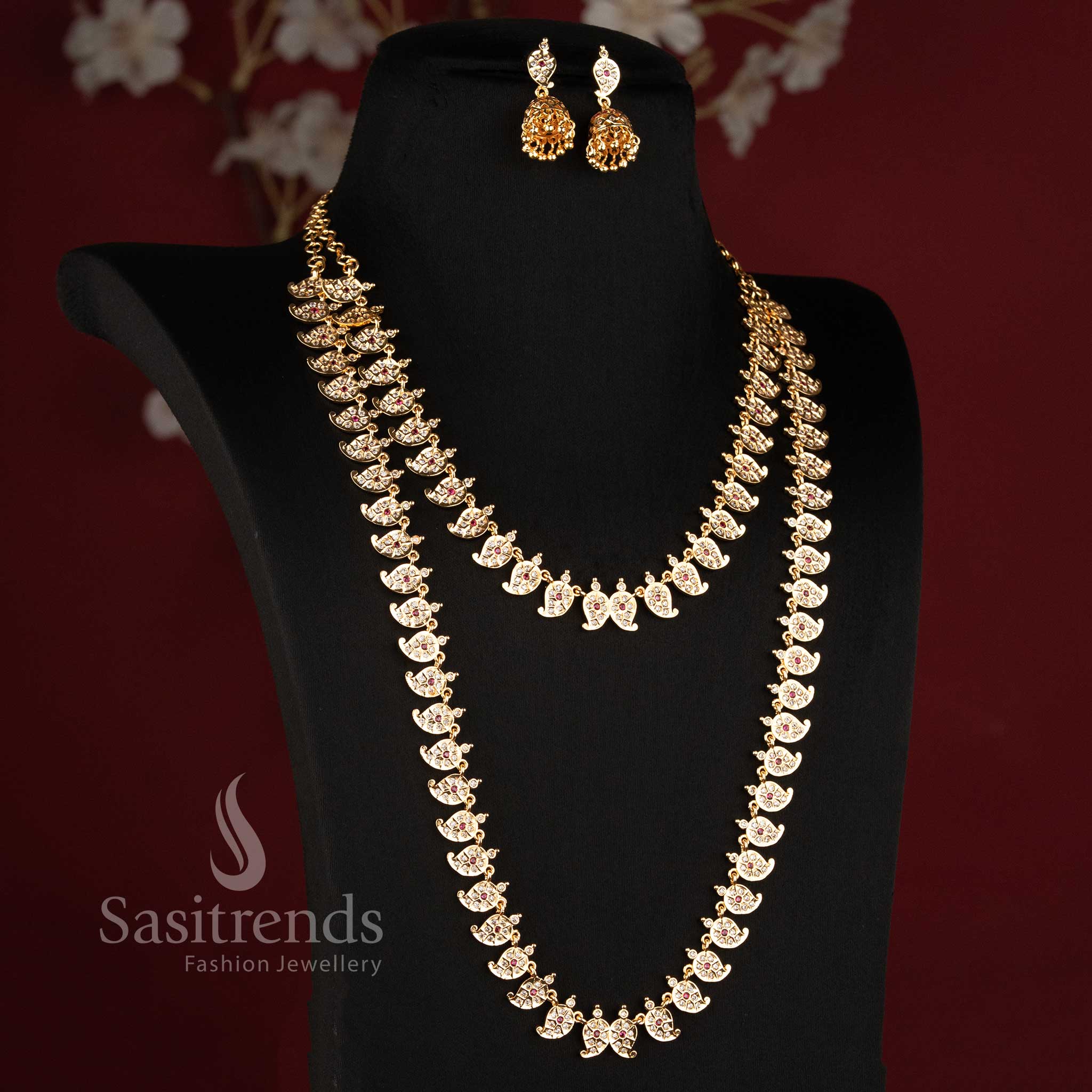 Impon Addigai Micro Gold Plated Short and Long Combo Necklace Jewellery Set with Mango Motif Links in Multicolor - Sasitrends