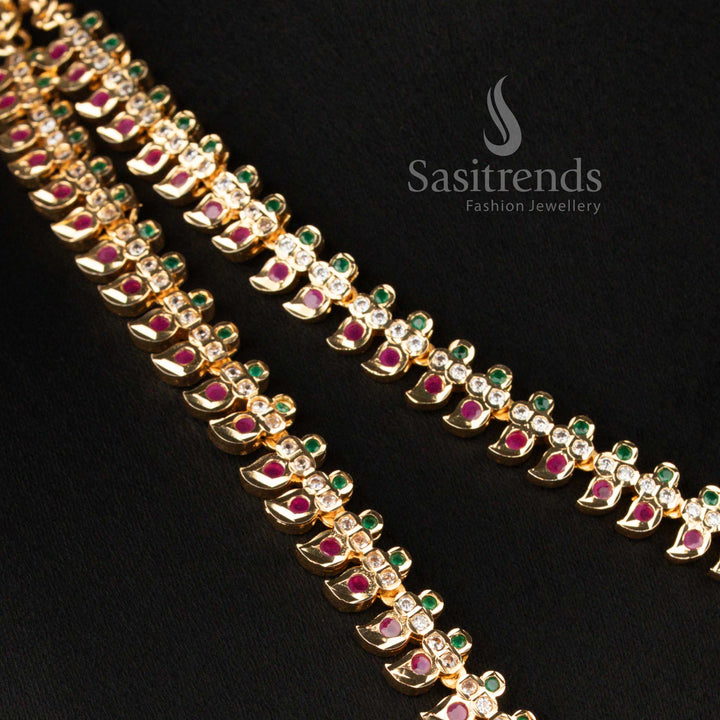 Close-up view of Guaranteed Impon Micro Gold Plated Traditional Mango Addigai Necklace featuring intricate mango motifs and American Diamond detailing