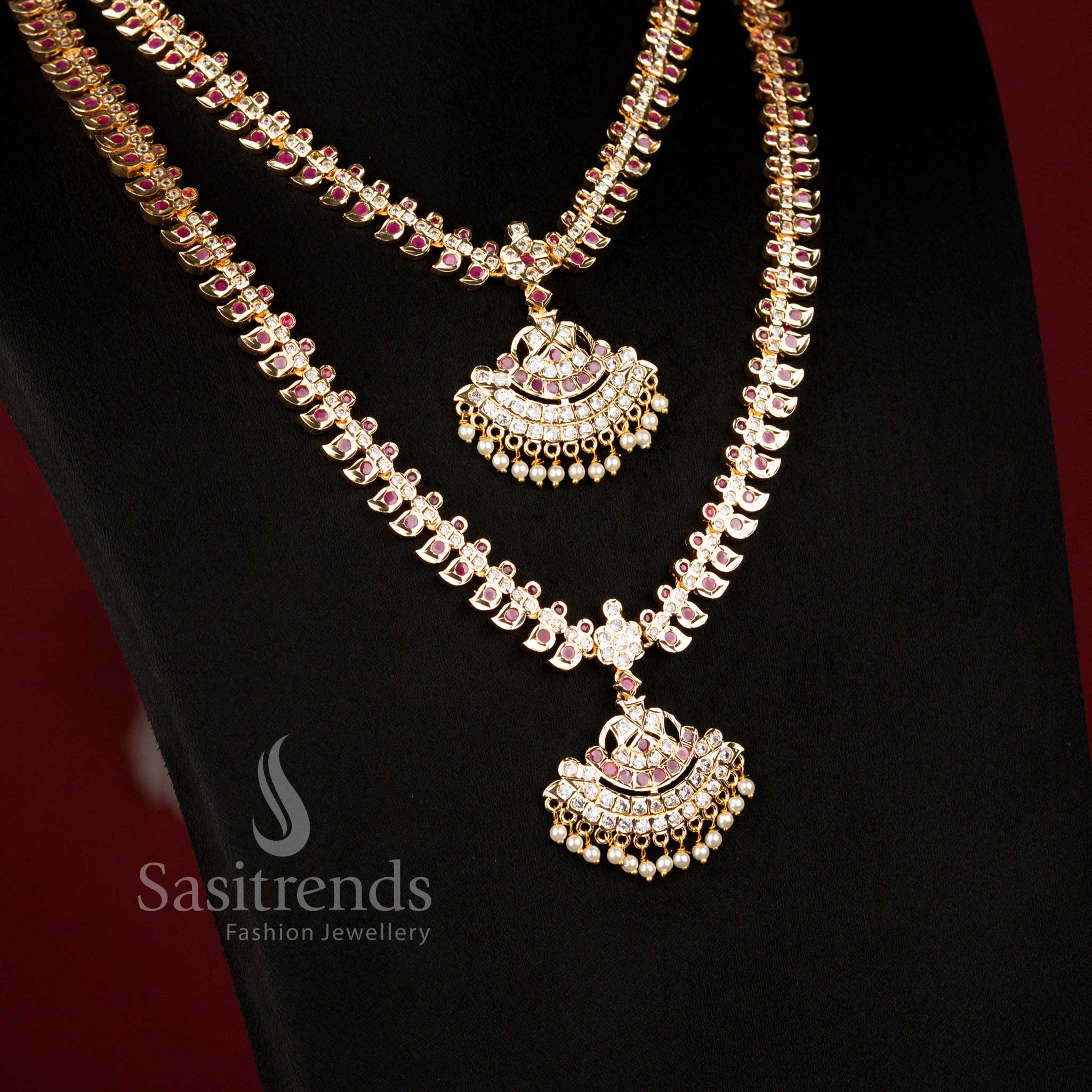 Guaranteed Impon Micro Gold Plated Rajamanga Bridal Addigai Short and Long Necklace Jewellery Set with Matching Jhumka Earrings and Tikka for Wedding Wear