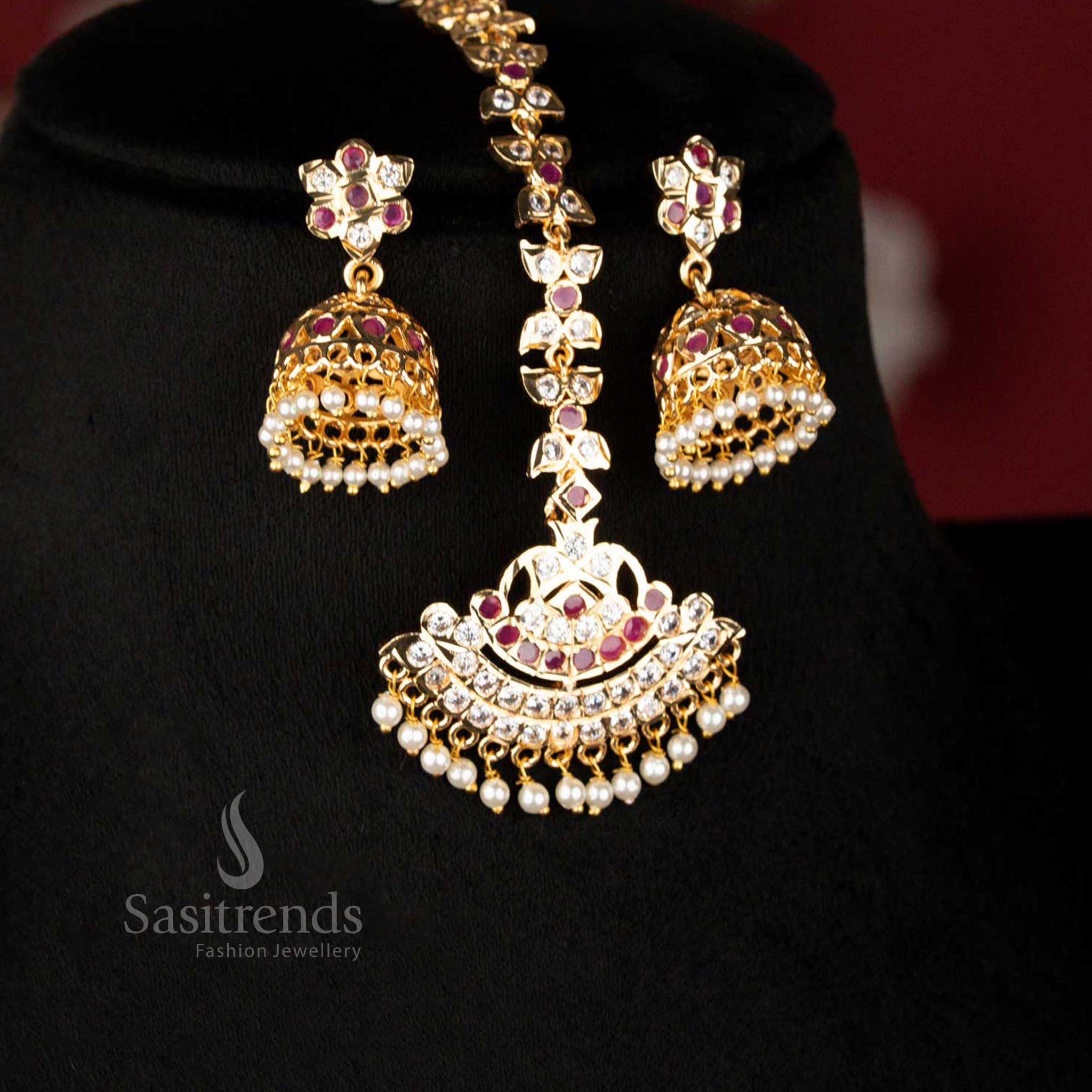 Guaranteed Impon Micro Gold Plated Rajamanga Bridal Addigai Short and Long Necklace Jewellery Set with Matching Jhumka Earrings and Tikka for Wedding Wear