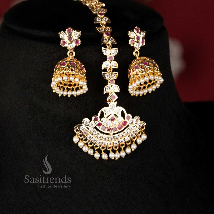 Guaranteed Impon Micro Gold Plated Rajamanga Bridal Addigai Short and Long Necklace Jewellery Set with Matching Jhumka Earrings and Tikka for Wedding Wear