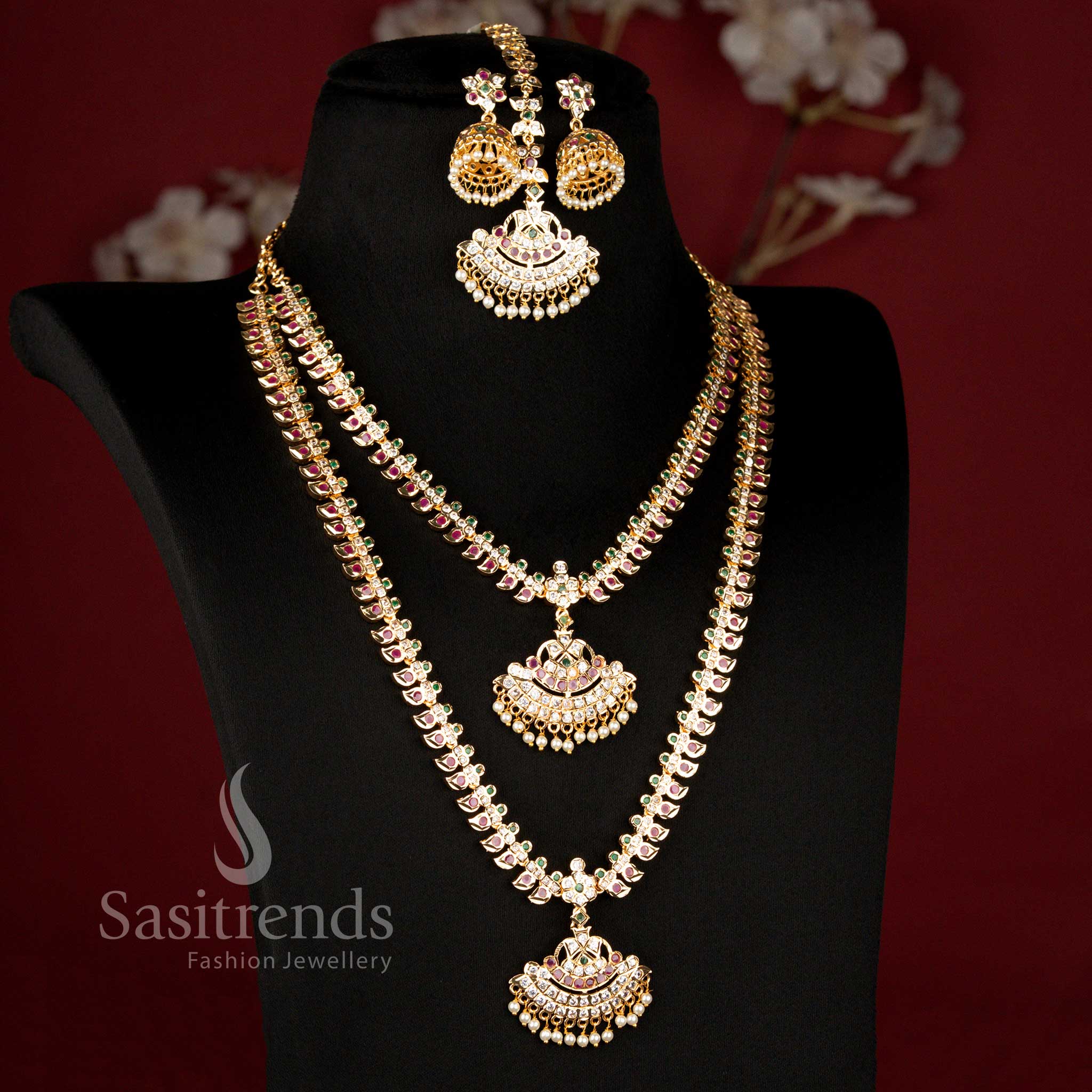 Guaranteed Impon Micro Gold Plated Rajamanga Bridal Addigai Short and Long Necklace Jewellery Set with Matching Jhumka Earrings and Tikka for Wedding Wear