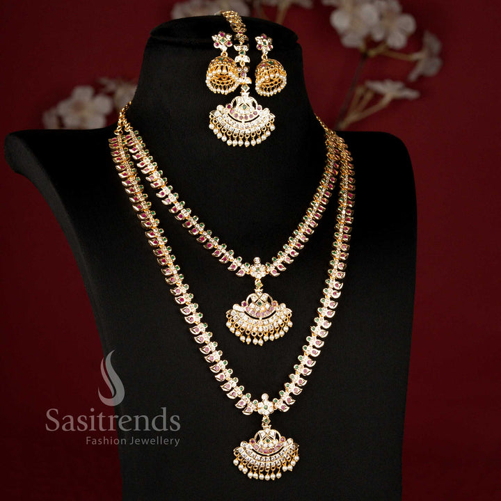 Guaranteed Impon Micro Gold Plated Rajamanga Bridal Addigai Short and Long Necklace Jewellery Set with Matching Jhumka Earrings and Tikka for Wedding Wear