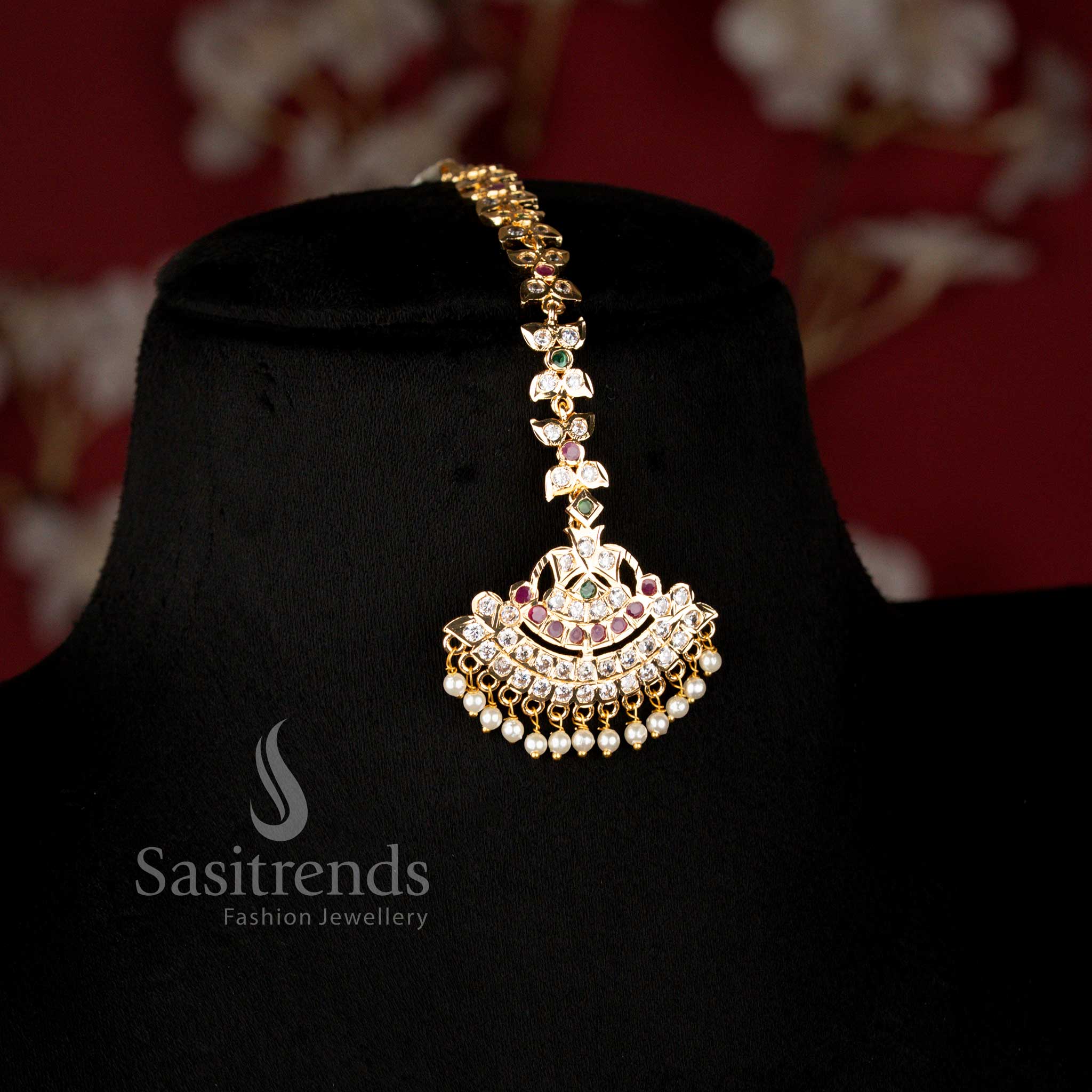 Close-up view of Guaranteed Impon Micro Gold Plated Traditional Mango Addigai Necklace featuring intricate mango motifs and American Diamond detailing