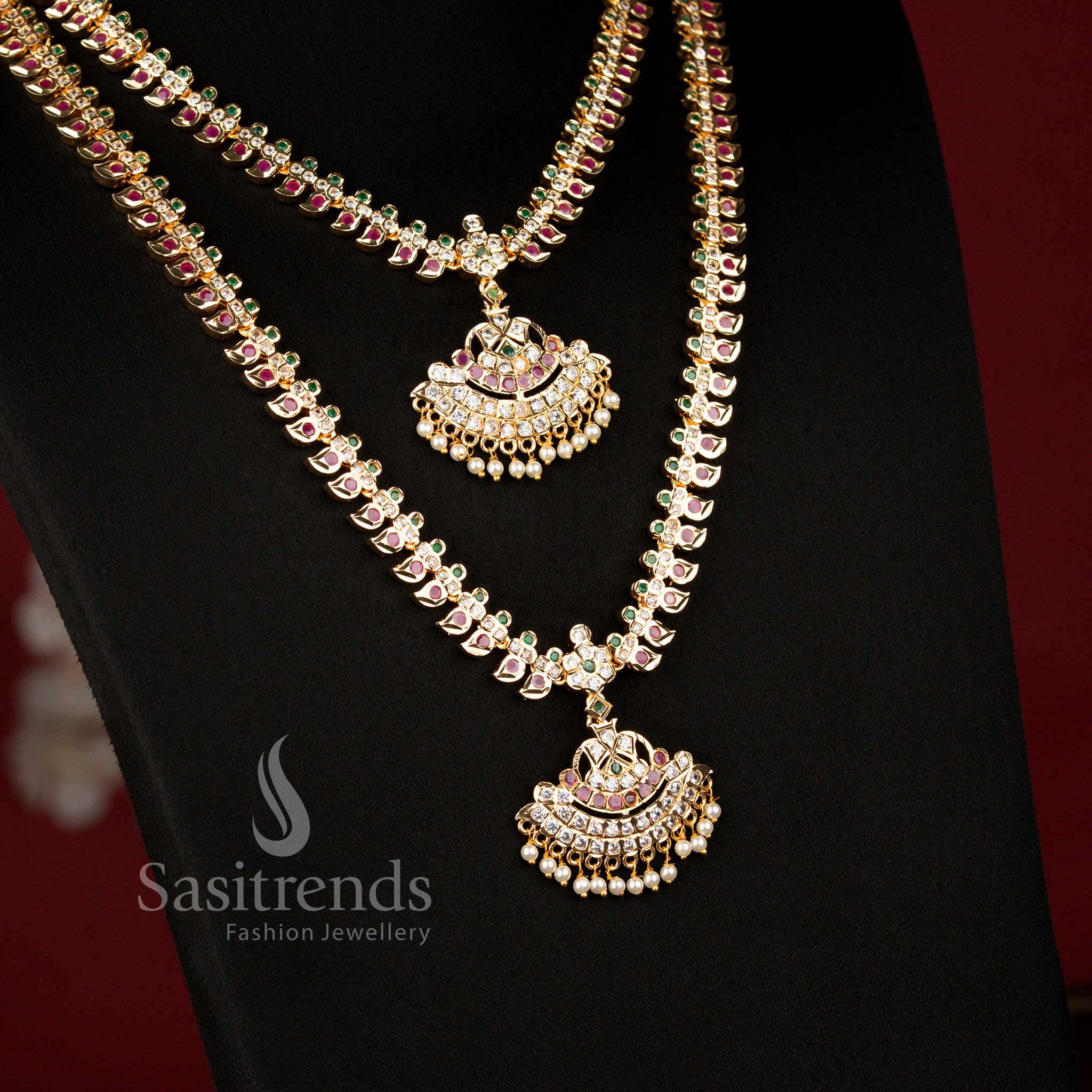 Close-up view of Guaranteed Impon Micro Gold Plated Traditional Mango Addigai Necklace featuring intricate mango motifs and American Diamond detailing
