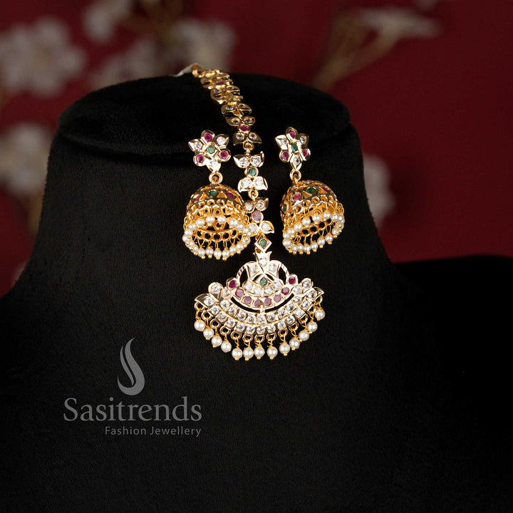Close-up view of Guaranteed Impon Micro Gold Plated Traditional Mango Addigai Necklace featuring intricate mango motifs and American Diamond detailing