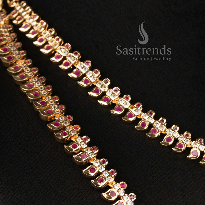 Guaranteed Impon Micro Gold Plated Rajamanga Bridal Addigai Short and Long Necklace Jewellery Set with Matching Jhumka Earrings and Tikka for Wedding Wear