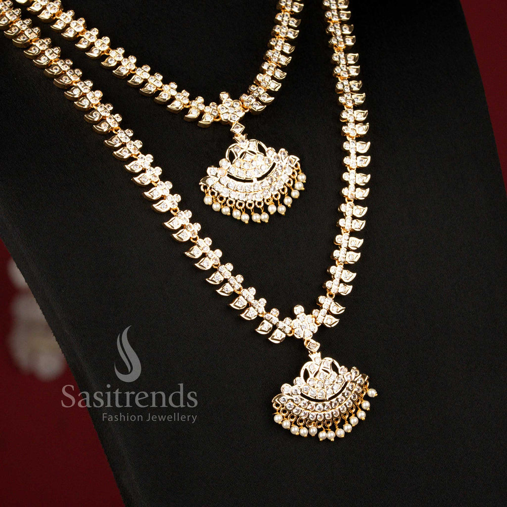 Close-up view of Guaranteed Impon Micro Gold Plated Traditional Mango Addigai Necklace featuring intricate mango motifs and American Diamond detailing