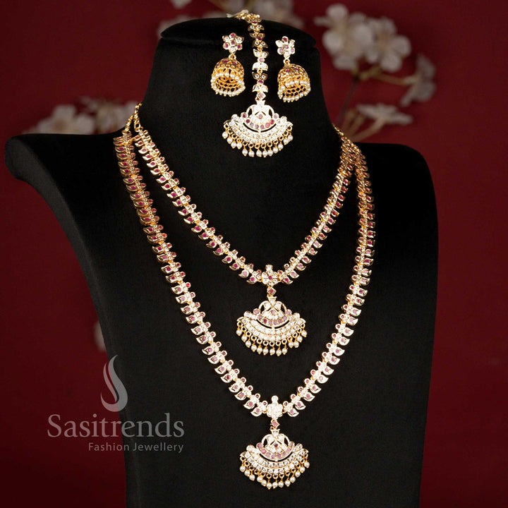 Guaranteed Impon Micro Gold Plated Rajamanga Bridal Addigai Short and Long Necklace Jewellery Set with Matching Jhumka Earrings and Tikka for Wedding Wear