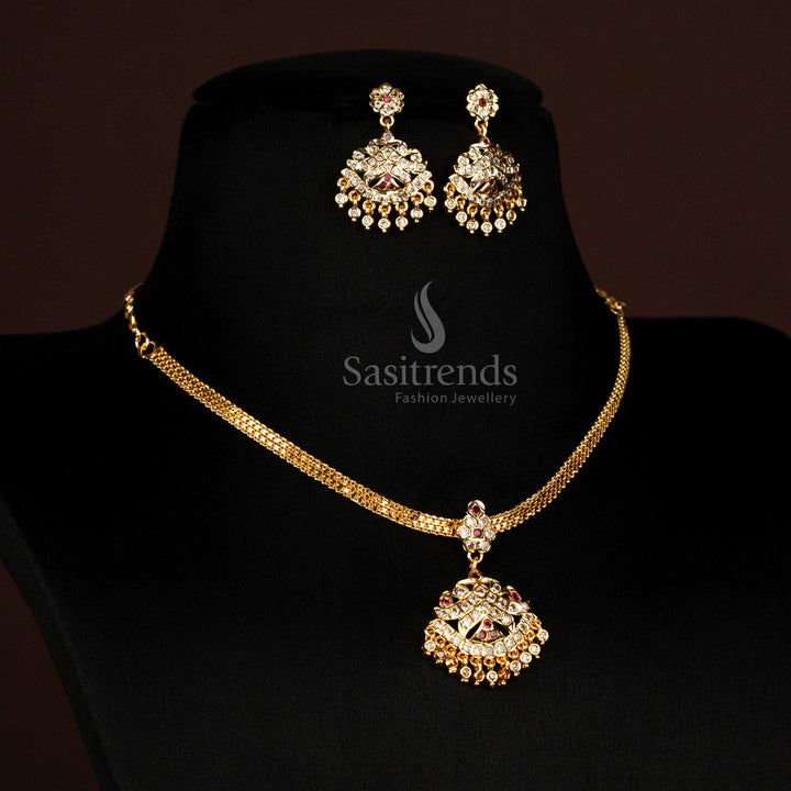 Traditional Impon Addigai One Gram Micro Gold Plated Floral Dome Necklace with Matching Earrings