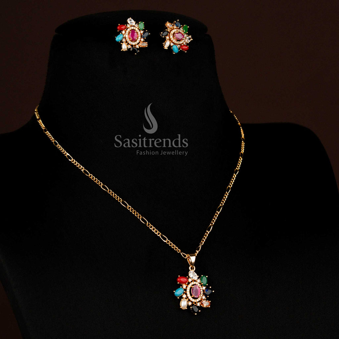 American diamond micro gold plated oval stone navaratna pendant chain necklace set made for traditional ceremonies - Sasitrends