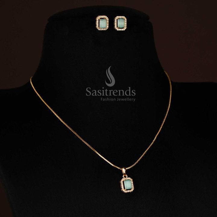 Opulent Guaranteed Micro Gold Plated American Diamond Rectangular Pendant Chain with Matching Earrings for Traditional Wear