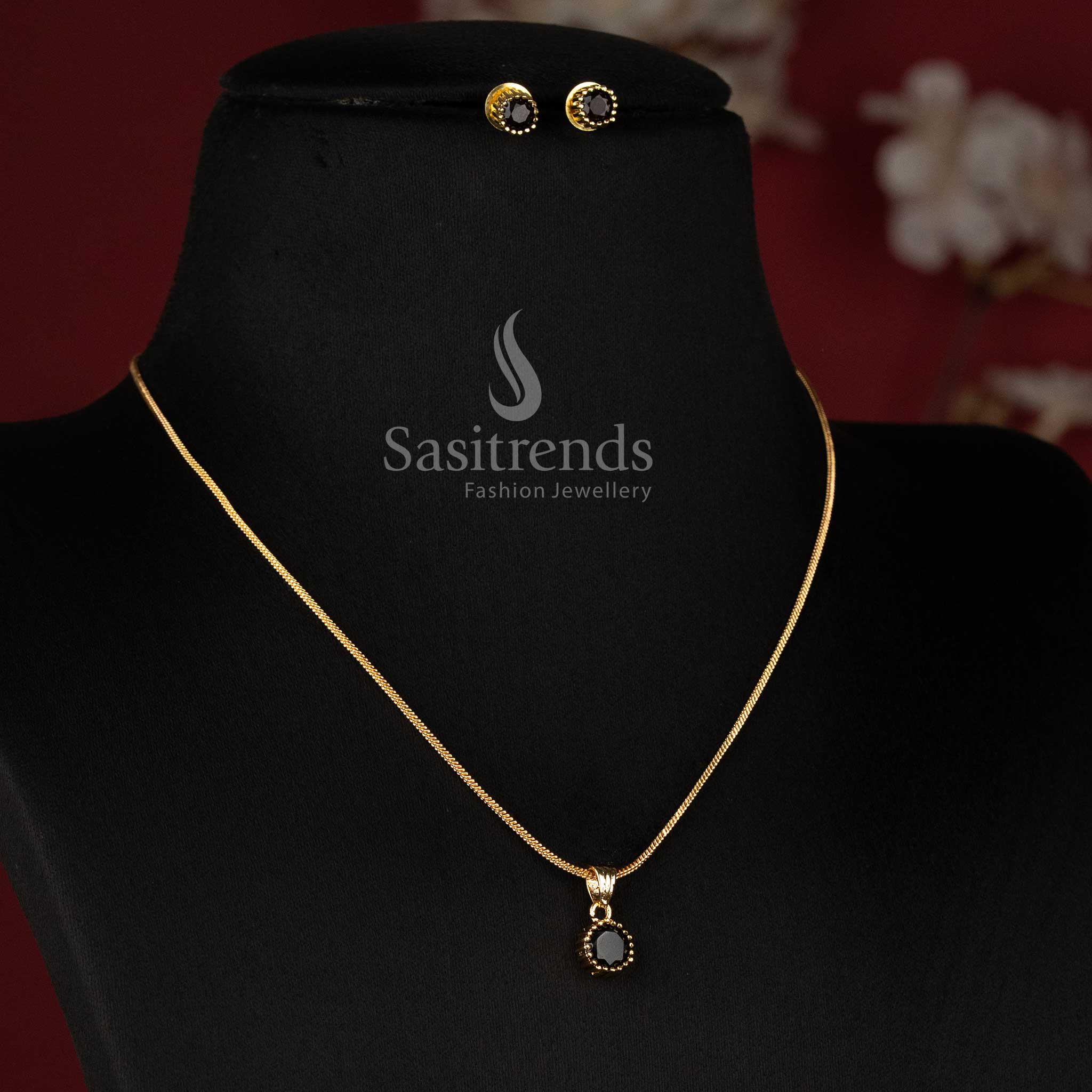 Micro Gold Plated Round Solitaire Pendant Chain Necklace Set with Matching Stud Earrings for Daily Wear Office Wear and Trendy Styling - Sasitrends