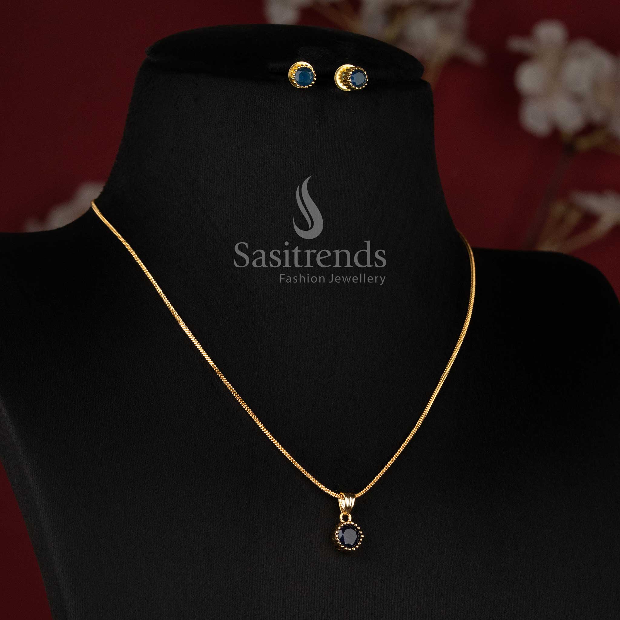 Micro Gold Plated Round Solitaire Pendant Chain Necklace Set with Matching Stud Earrings for Daily Wear Office Wear and Trendy Styling - Sasitrends