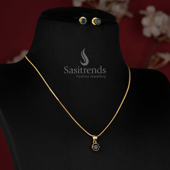 Micro Gold Plated Round Solitaire Pendant Chain Necklace Set with Matching Stud Earrings for Daily Wear Office Wear and Trendy Styling - Sasitrends