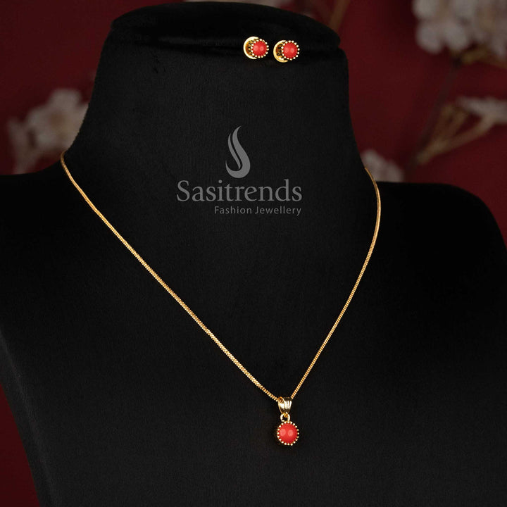 Micro Gold Plated Round Solitaire Pendant Chain Necklace Set with Matching Stud Earrings for Daily Wear Office Wear and Trendy Styling - Sasitrends