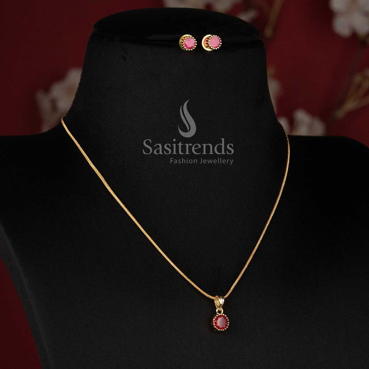 Micro Gold Plated Round Solitaire Pendant Chain Necklace Set for Festive Wear Family Functions Parties and Special Occasions - Sasitrends